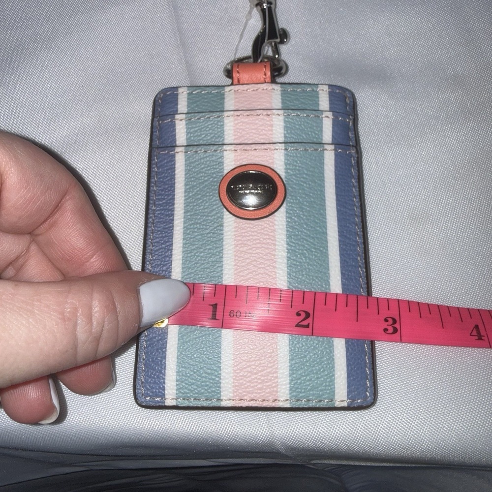 Coach Laynard ID Credit Card Key Holder Pink Teal Blue White Striped Wallet New - Picture 10 of 11